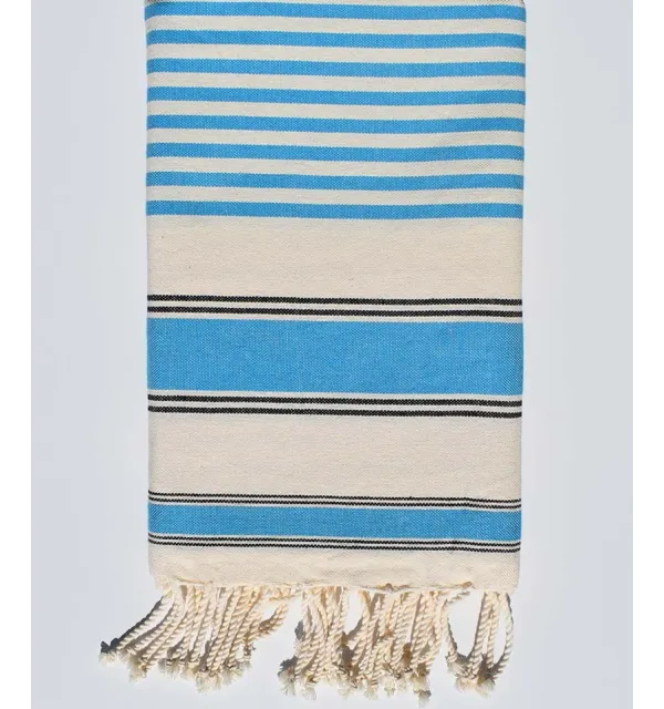 Telo mare ziwane crema, nero e blu ceruleo Fouta Tunisia - 1