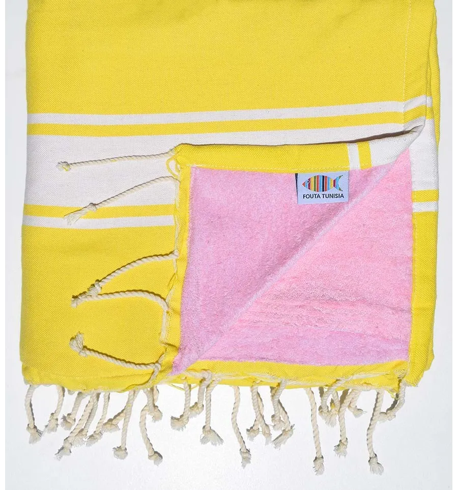 Telo mare piatta di spugna giallo e rosa chiaro Fouta Tunisia - 1