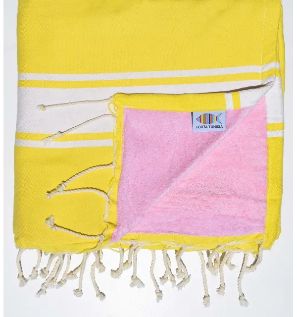 Telo mare piatta di spugna giallo e rosa chiaro Fouta Tunisia - 1