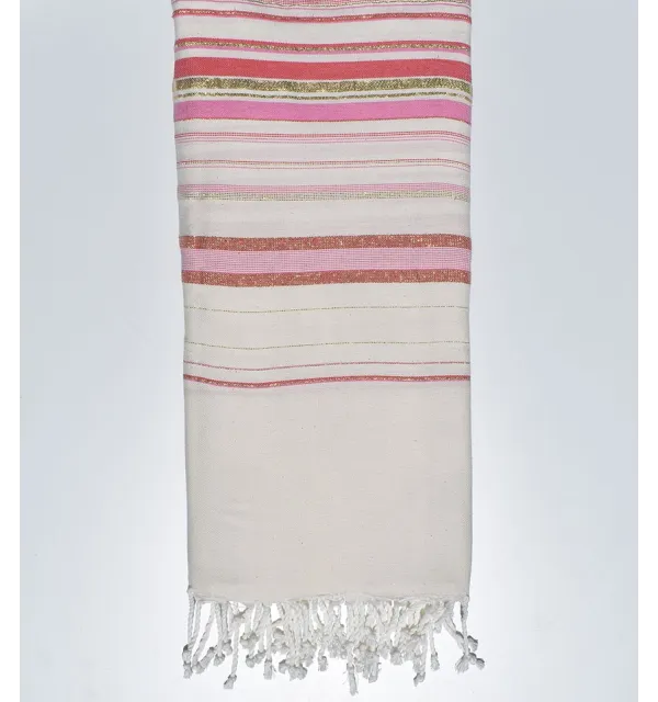 Grande fouta fadhila bianco crema chiaro e rosa cremisi Fouta Tunisia - 2