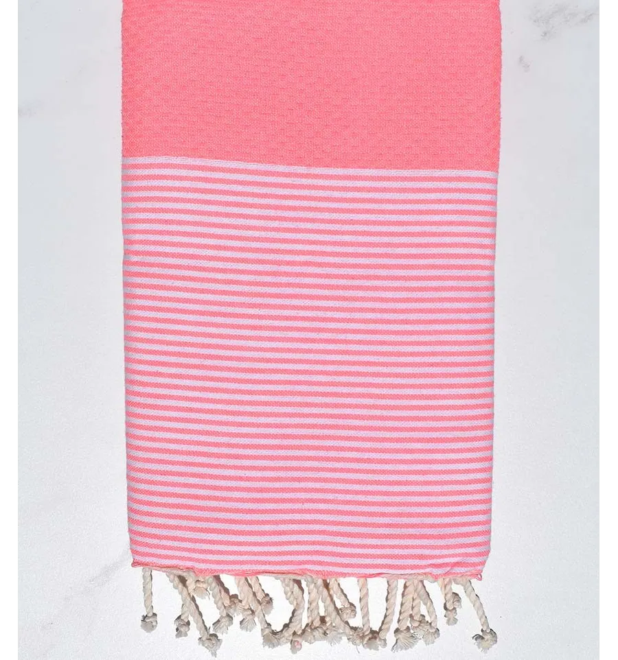 Serviette de plage nid d'abeille rose fluo Fouta Tunisia - 1