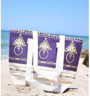 Borsa da spiaggia khlela bianco panna e viola Fouta Tunisia - 1