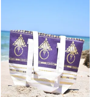 Borsa da spiaggia khlela bianco panna e viola Fouta Tunisia - 1