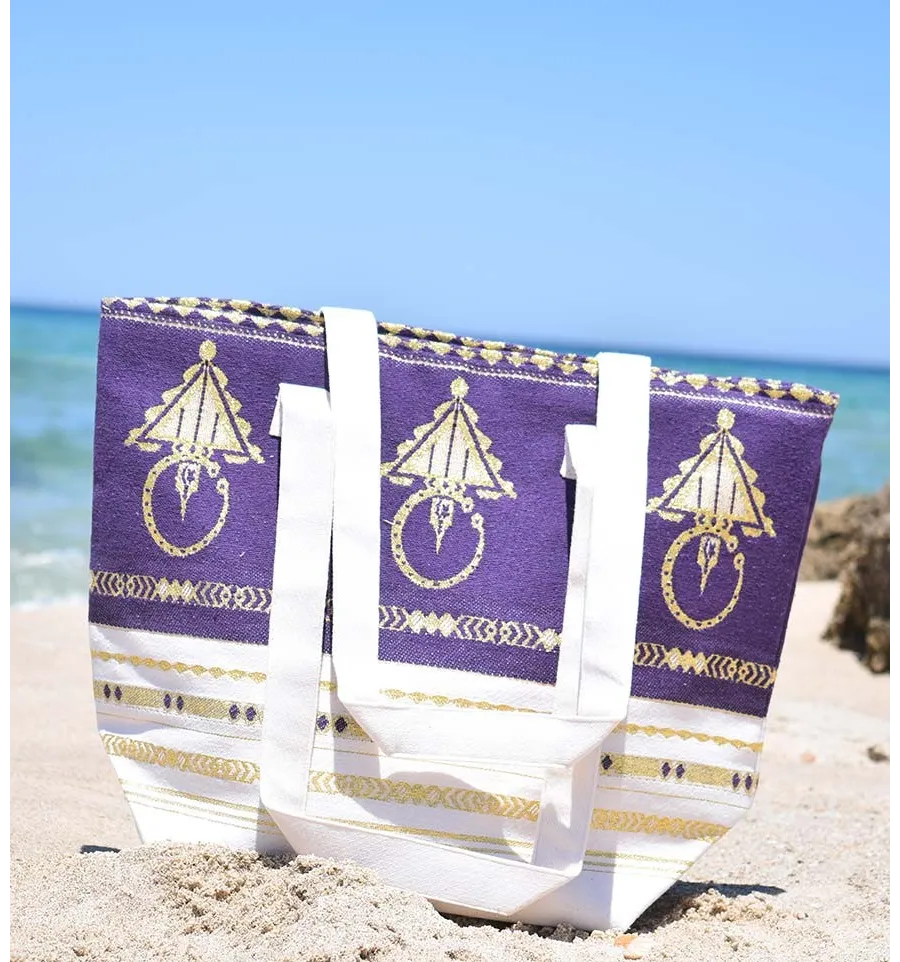 Borsa da spiaggia khlela bianco panna e viola Fouta Tunisia - 1