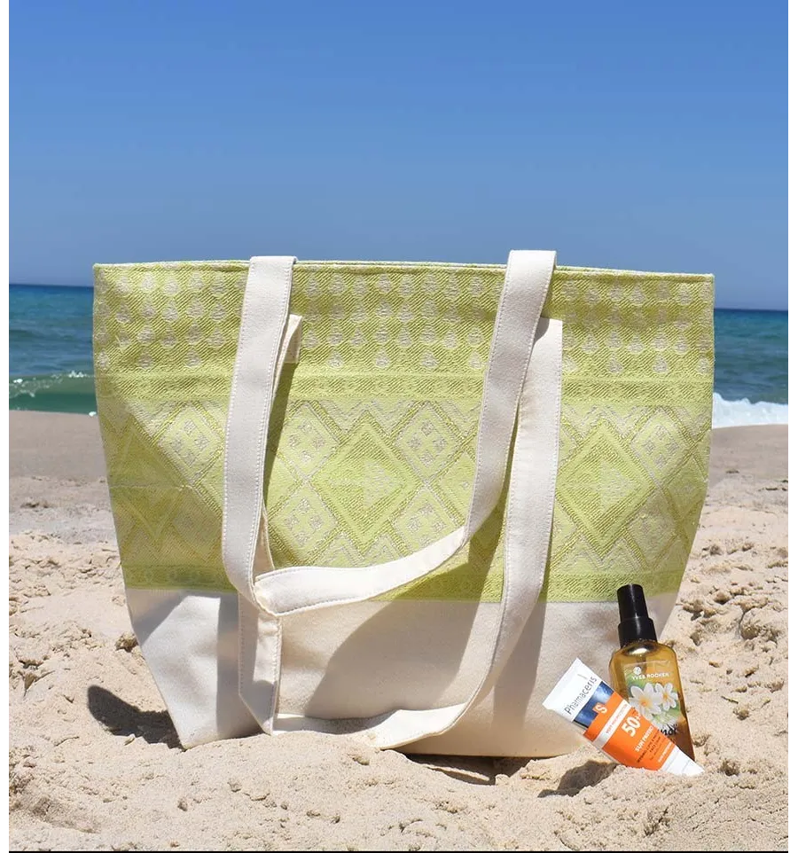 Borsa da spiaggia khlela bianco panna e verde chiaro Fouta Tunisia - 1