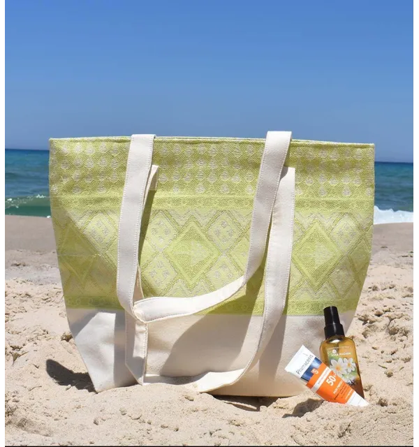 Borsa da spiaggia khlela bianco panna e verde chiaro Fouta Tunisia - 1