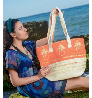 Borsa da spiaggia khlela bianco panna e arancio Fouta Tunisia - 1 2