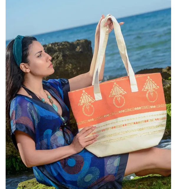 Borsa da spiaggia khlela bianco panna e arancio Fouta Tunisia - 2