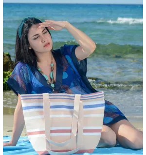 Borsa da spiaggia in pelle, bianco, rosso carminio e blu Fouta Tunisia - 2