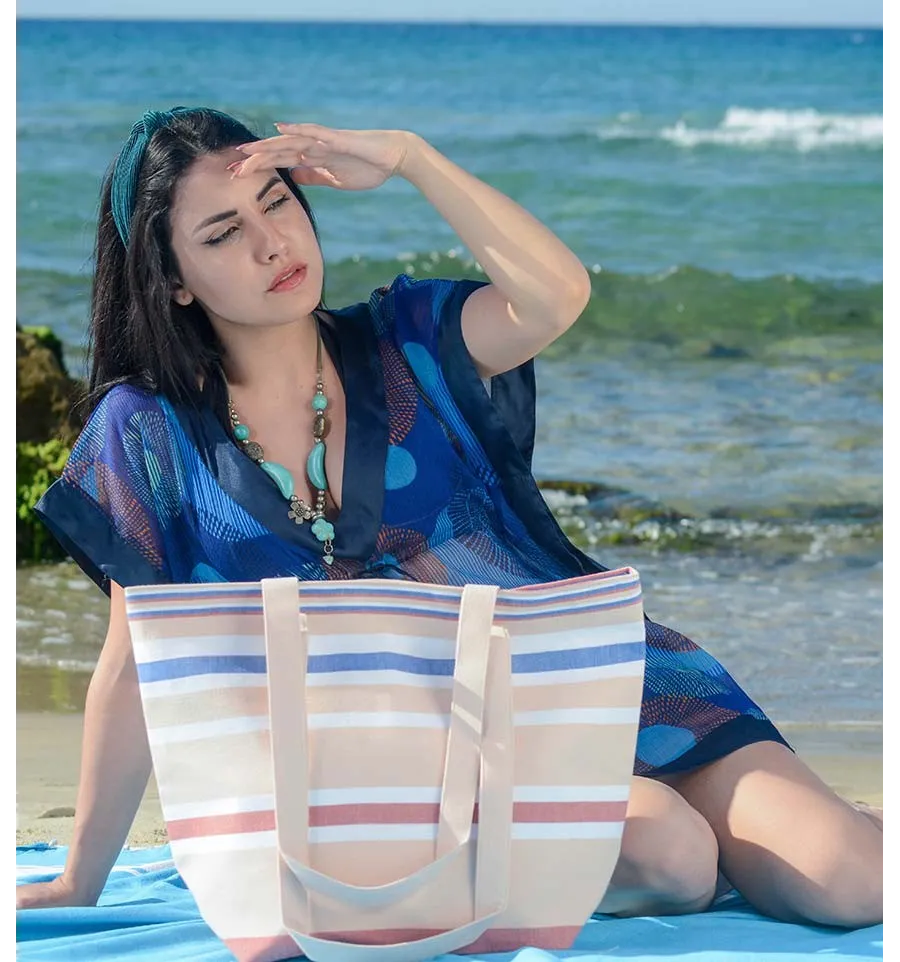 Borsa da spiaggia in pelle, bianco, rosso carminio e blu Fouta Tunisia - 2