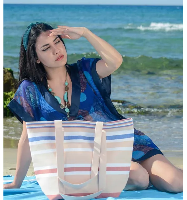 Borsa da spiaggia in pelle, bianco, rosso carminio e blu Fouta Tunisia - 2