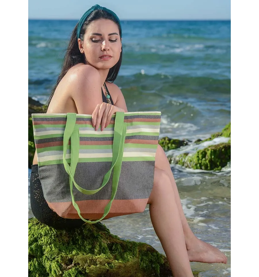 Borsa da spiaggia 5 colori Senois, grigio antracite, verde, ecru chiaro e grigio Fouta Tunisia - 1