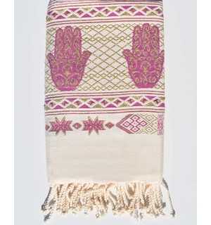 Fouta khomsa bianco crema e rosa porpora Fouta Tunisia - 1