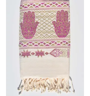 Fouta khomsa bianco crema e rosa porpora Fouta Tunisia - 1