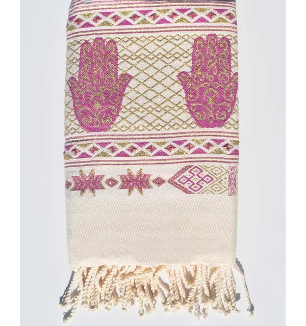 Fouta khomsa bianco crema e rosa porpora Fouta Tunisia - 1