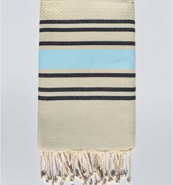 telo mare nido d'ape sabbia beige con strisce celeste e antracite Fouta Tunisia - 1