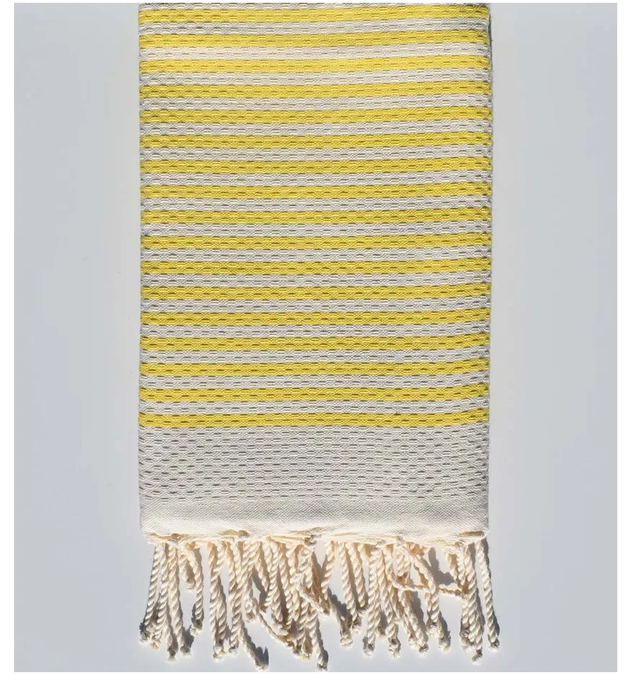 Telo mare a nido d'ape bianco crema e giallo fluo Fouta Tunisia - 1