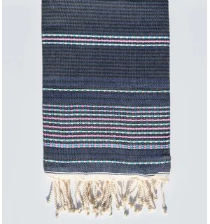 Fouta denim blu arabesco con strisce rosa Fouta Tunisia - 1