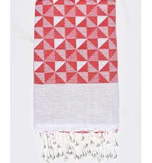 Telo mare jacquard geometrico rosso e bianco Fouta Tunisia - 1