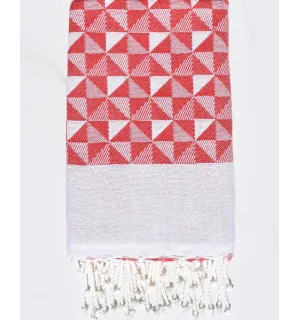 Telo mare jacquard geometrico rosso e bianco Fouta Tunisia - 1