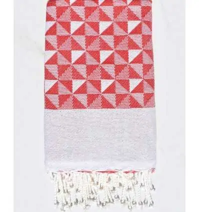 Telo mare jacquard geometrico rosso e bianco Fouta Tunisia - 1