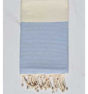 Telo mare nido d'ape beige chiaro a strisce azzurro e bianco Fouta Tunisia - 1