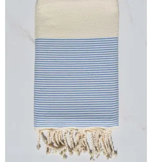 Telo mare nido d'ape beige chiaro a strisce azzurro e bianco Fouta Tunisia - 1