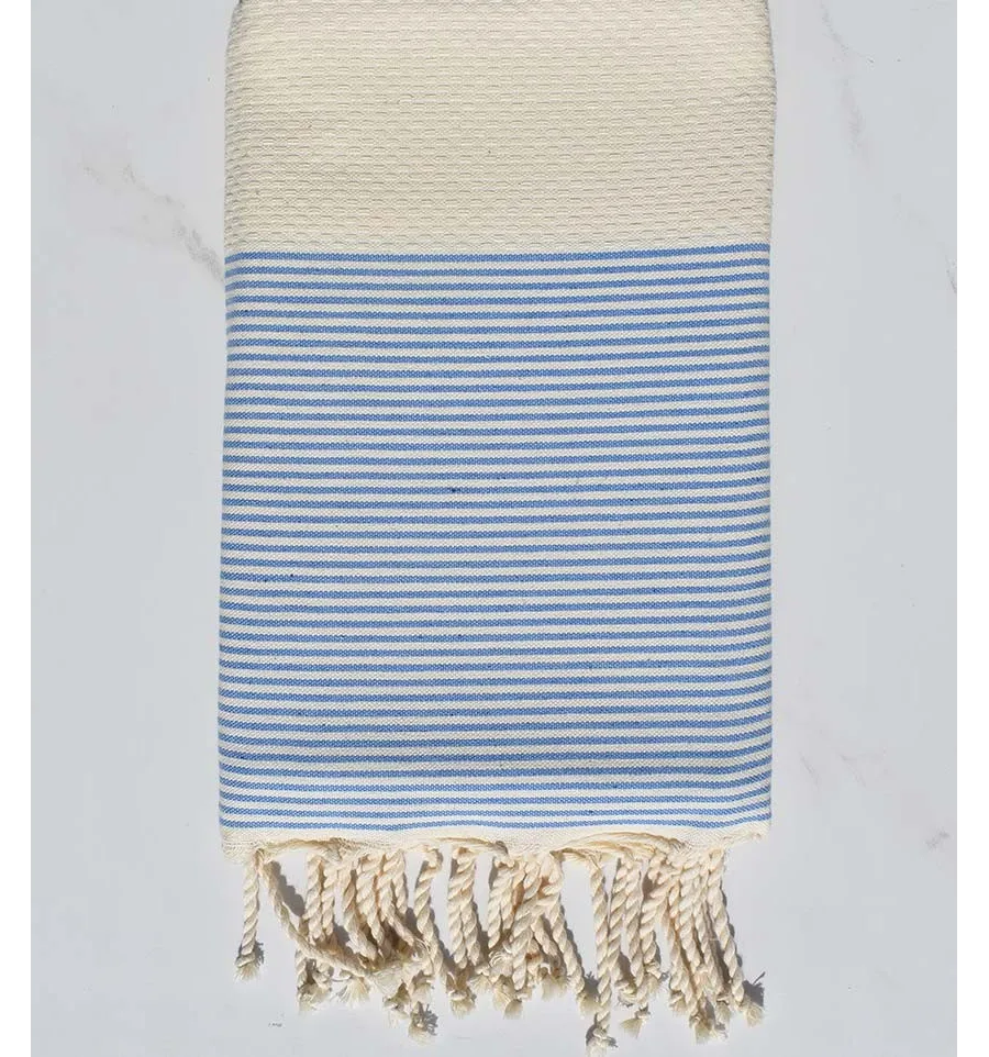 Telo mare nido d'ape beige chiaro a strisce azzurro e bianco Fouta Tunisia - 1