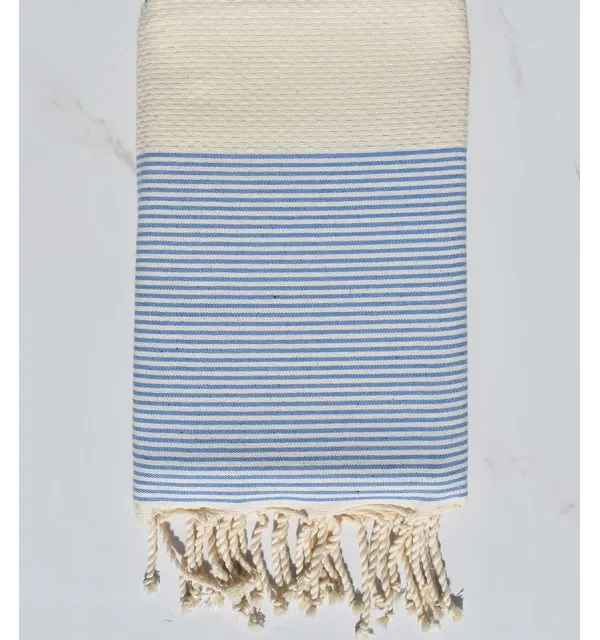 Telo mare nido d'ape beige chiaro a strisce azzurro e bianco Fouta Tunisia - 1