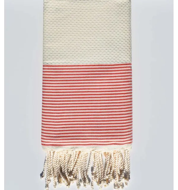 Telo mare a nido d'ape bianco crema con strisce rosse di nasturzio Fouta Tunisia - 1