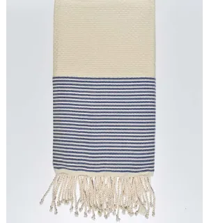 Telo mare nido d'ape ecru con righe blu scuro blue Fouta Tunisia - 1