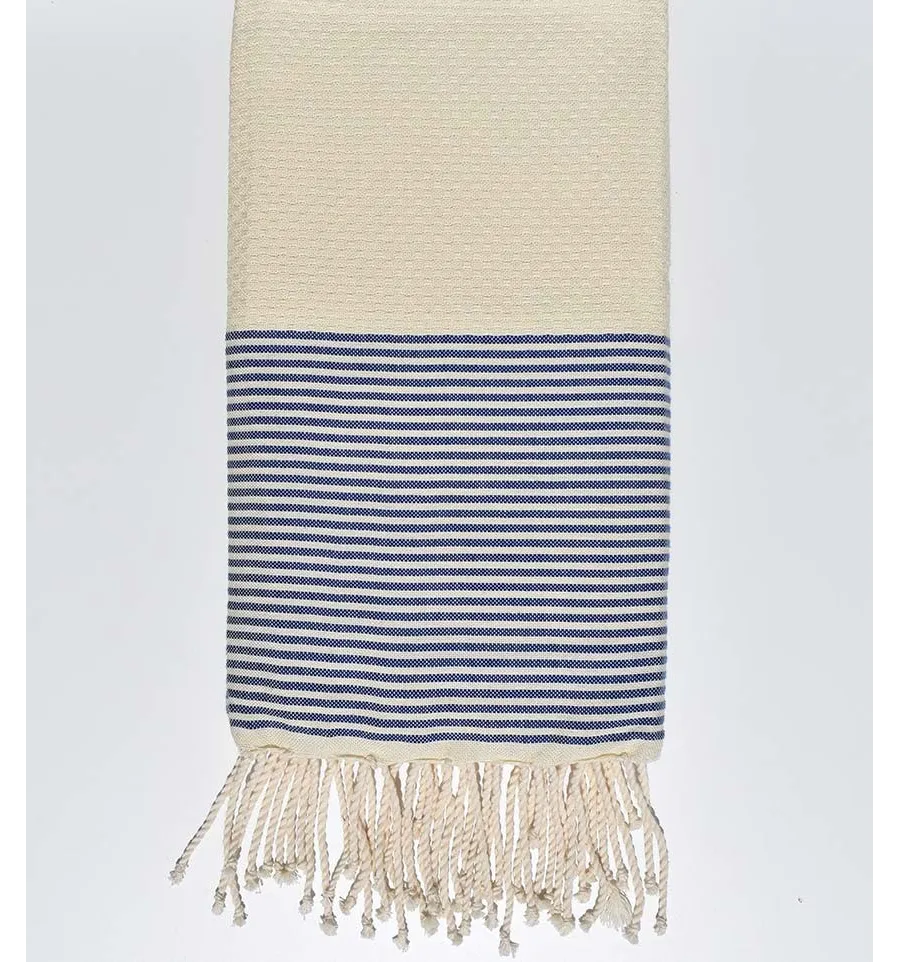 Telo mare nido d'ape ecru con righe blu scuro blue Fouta Tunisia - 1