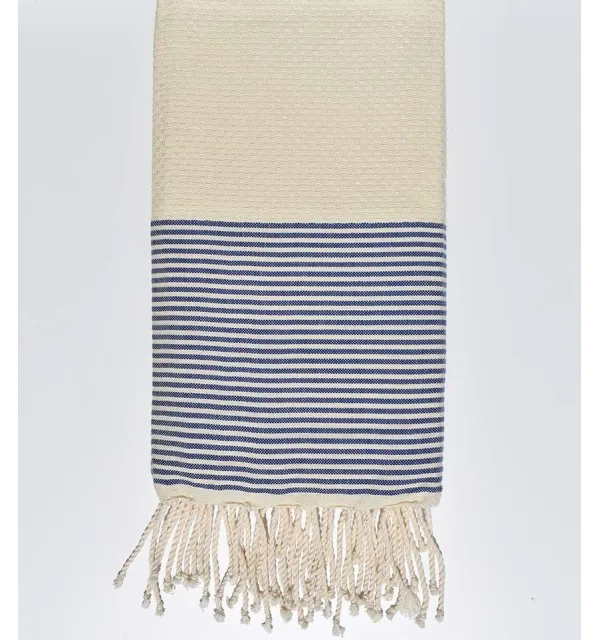 Telo mare nido d'ape ecru con righe blu scuro blue Fouta Tunisia - 1