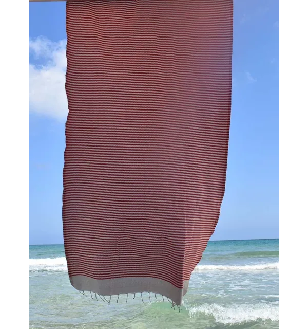 Fouta nid d'abeille rayée 1 cm couleur rose corail Fouta Tunisia - 2