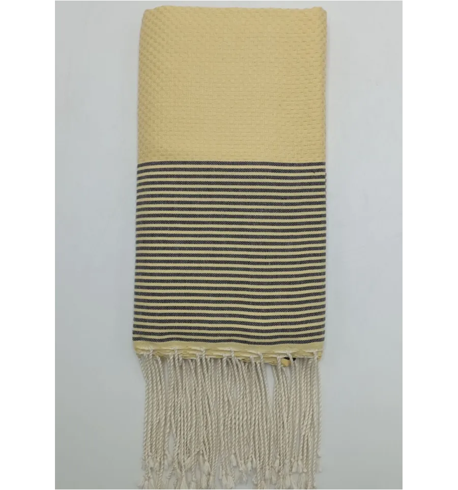 Telo mare nido d'ape giallo pallido con righe antracite Fouta Tunisia - 1