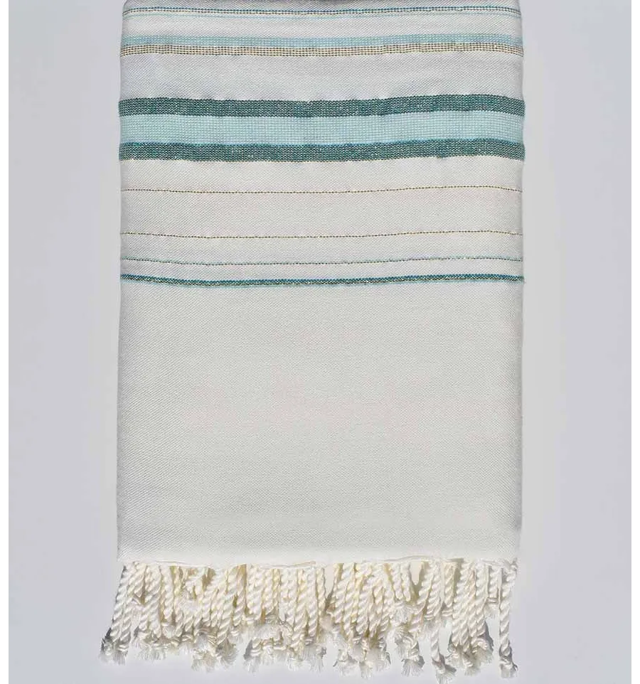 Grande telo mare fadhila bianca, blu anatra e verde acqua con lurex Fouta Tunisia - 1