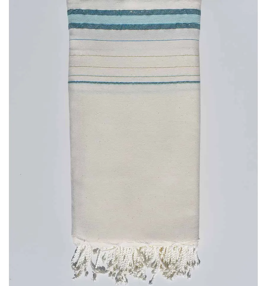 Grande telo mare Fadhila bianco crema, azzurro e verde acqua con lurex Fouta Tunisia - 1