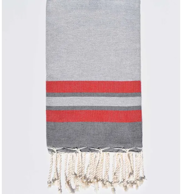 Telo mare grigio chiaro, rosso e grigio Fouta Tunisia - 1