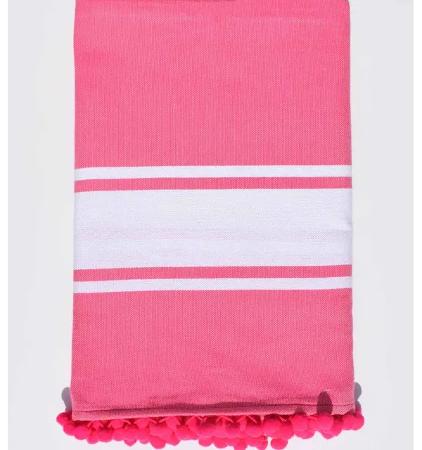 Telo mare rosa brillante con pompon Fouta Tunisia - 1