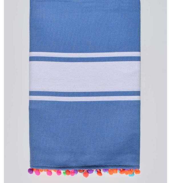 Telo mare blu fiordaliso con pompon Fouta Tunisia - 1