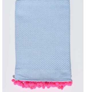 Telo mare azzurro con pompon rosa neon Fouta Tunisia - 1