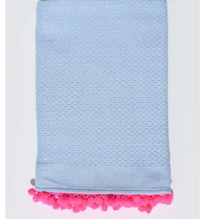 Telo mare azzurro con pompon rosa neon Fouta Tunisia - 1