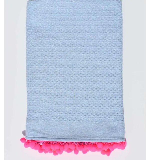 Telo mare azzurro con pompon rosa neon Fouta Tunisia - 1