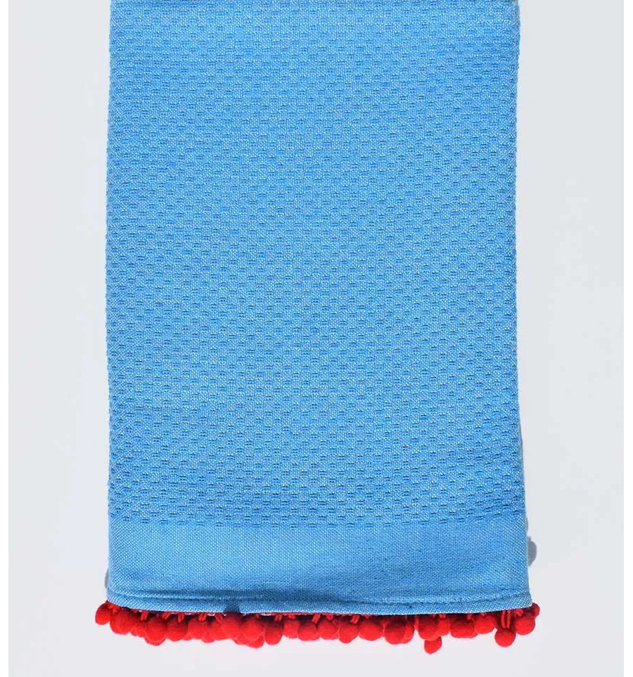 Telo mare azzurro con pompon rosso Fouta Tunisia - 1