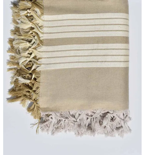 Plaid 4 frange beige con strisce bianco crema Fouta Tunisia - 2