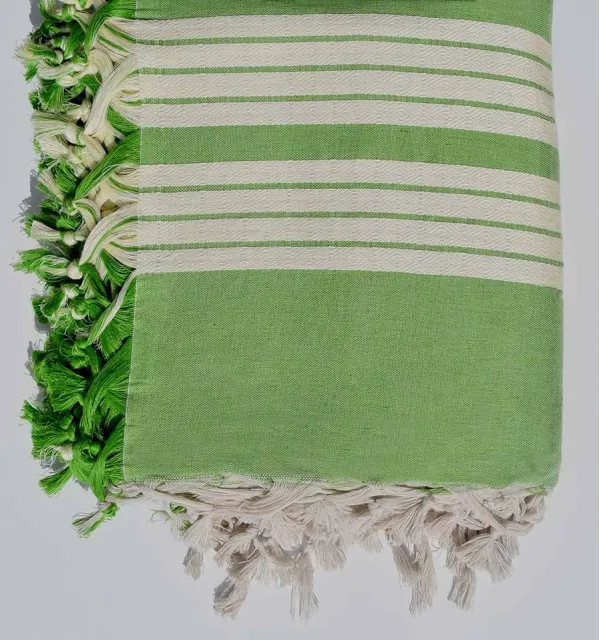 Plaid 4 frange verde prato e bianco crema Fouta Tunisia - 2