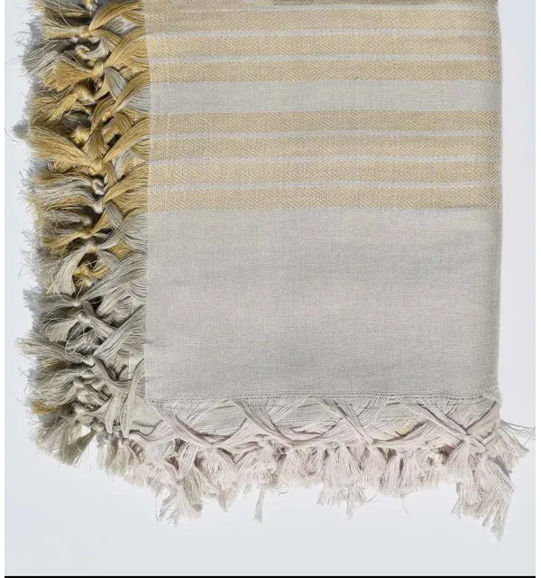 Plaid 4 frange  verderame con strisce beige Fouta Tunisia - 1