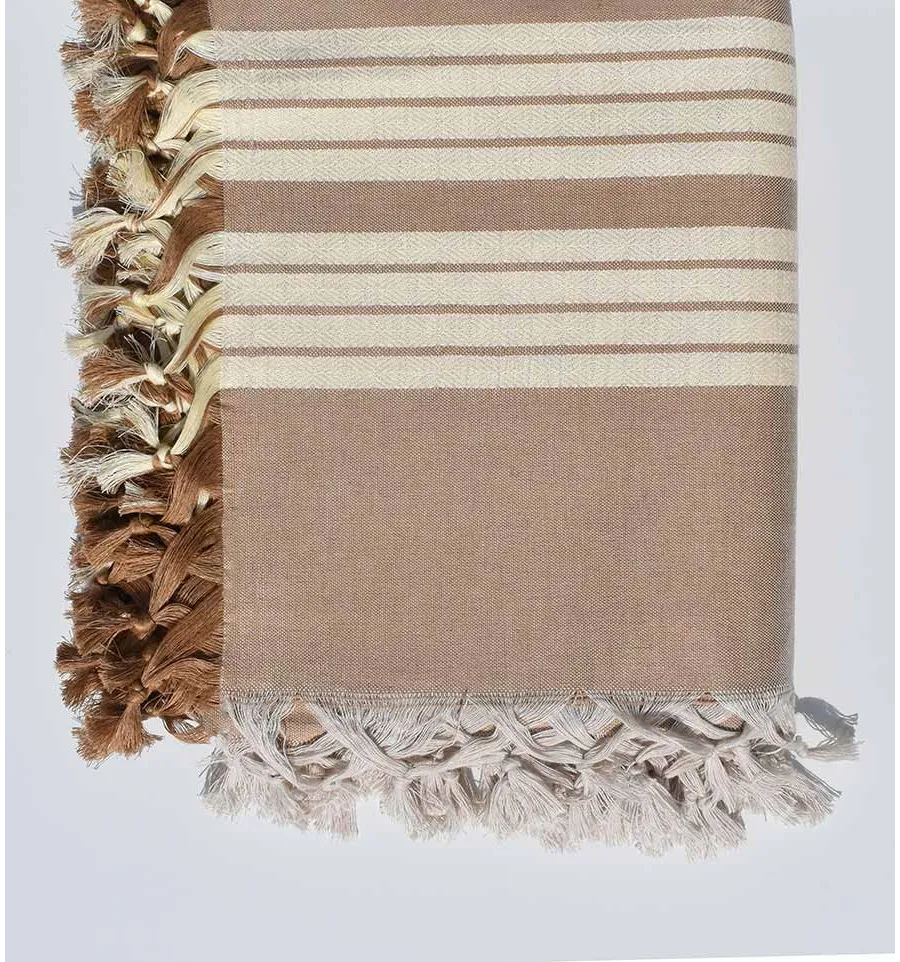 Plaid 4 frange beige seppia e bianco crema Fouta Tunisia - 2