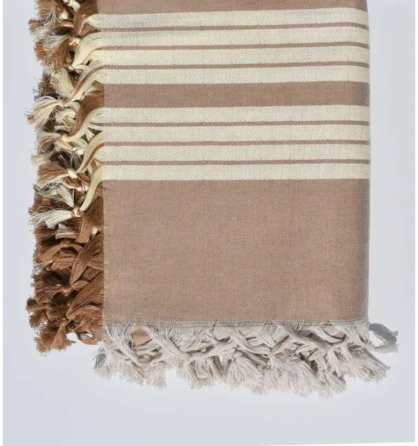 Plaid 4 frange beige seppia e bianco crema Fouta Tunisia - 2