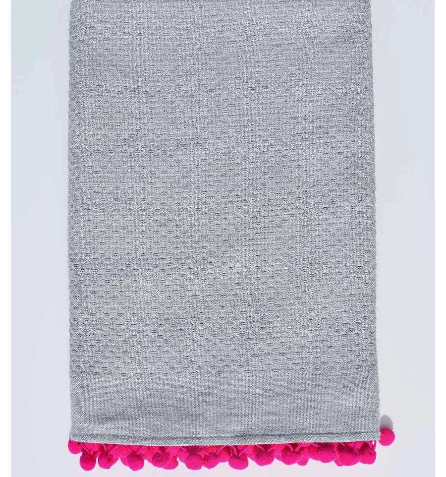 Telo mare grigio nido d'ape con pompon rosa Fouta Tunisia - 1